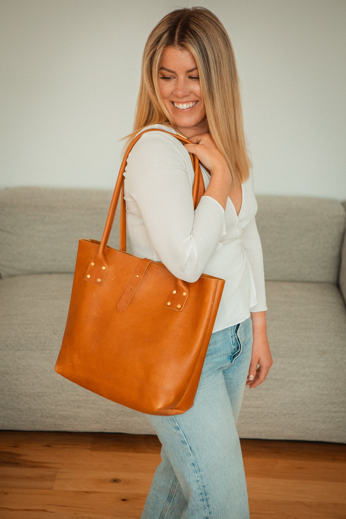 Leather Refined Tote in Brown Leather Bag - handcrafted by Market Canvas Leather in Tofino, BC, Canada