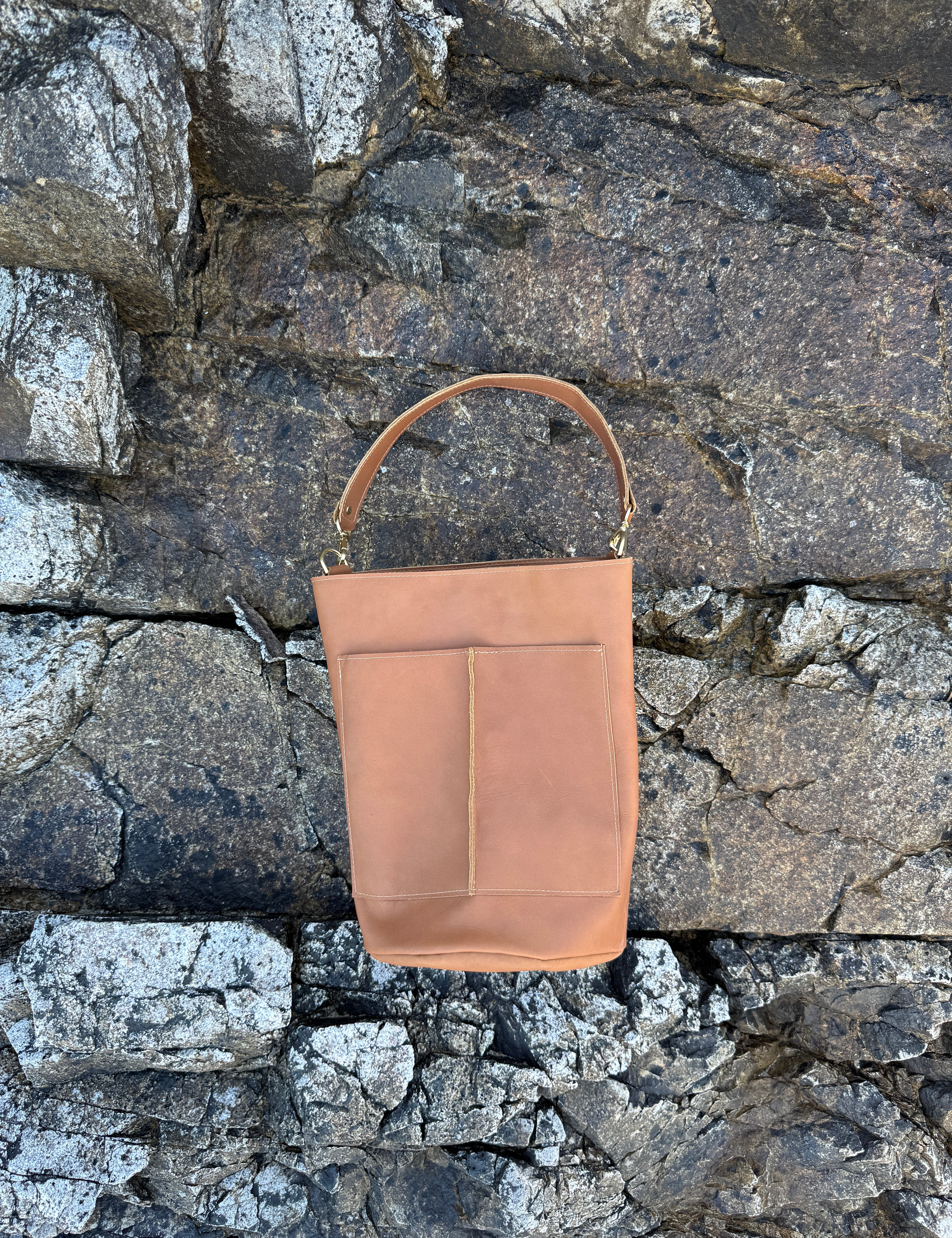 FRANCES POCKET BUCKET BAG | LATTE Leather Bag - handcrafted by Market Canvas Leather in Tofino, BC, Canada