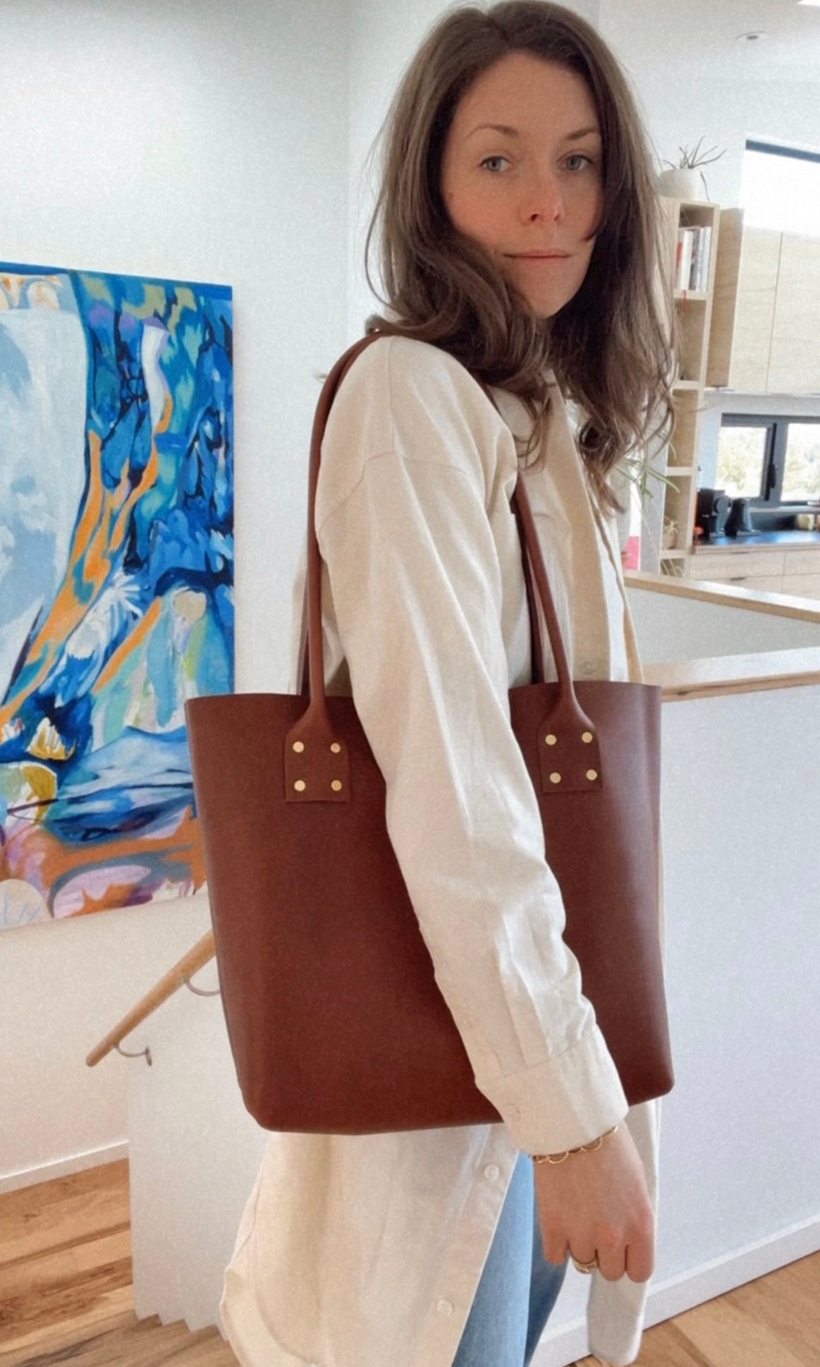Refined Tote in Brown Leather Bag - handcrafted by Market Canvas Leather in Tofino, BC, Canada